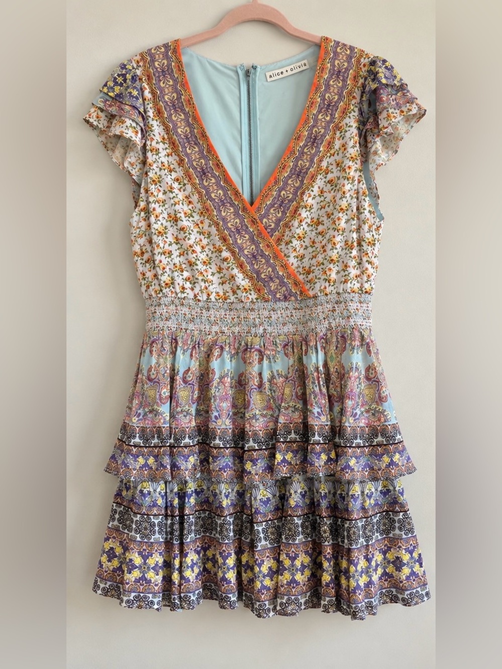 NWT Alice + Olivia Ritzy Multi Print Tiered Mini Dress Size 12